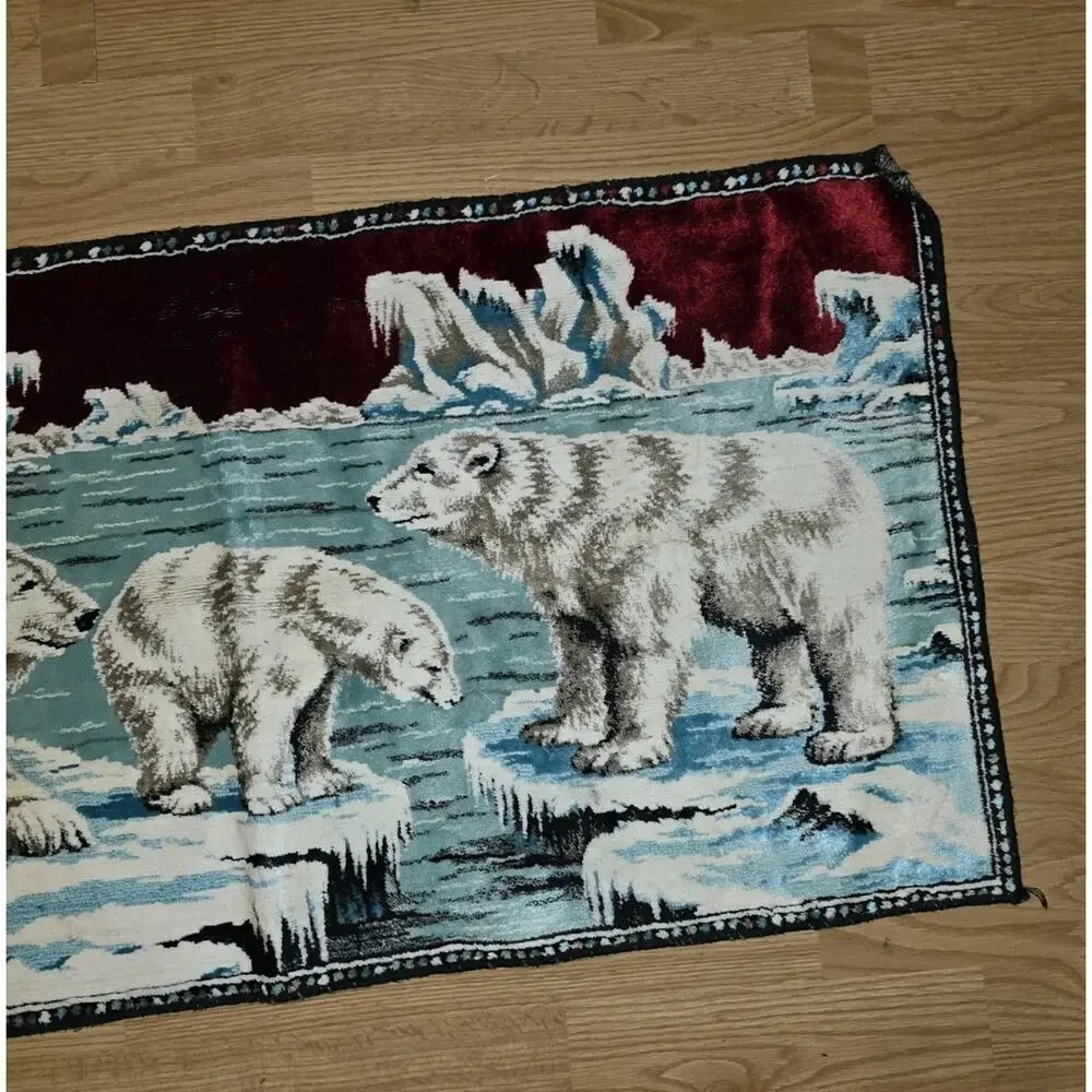 Vintage 70s Polar Bear Tapestry Rug Wall Hanging Velour Velvet 20x38 Retro